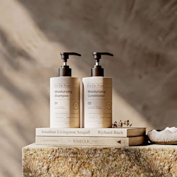 Inicio Stylish display of moisturizing shampoo and conditioner on books in neutral tones.